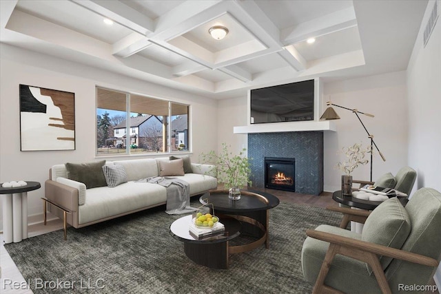 35704 Addison Dr, New Baltimore, MI 48047 - living area with coffered ceiling, a tile fireplace, beam ceiling, and recessed lighting