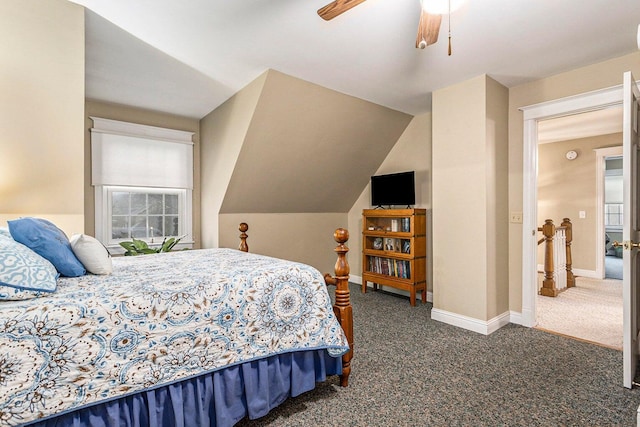 3313 Gethings Rd, Battle Creek, MI 49015 - carpeted bedroom with baseboards, vaulted ceiling, and a ceiling fan