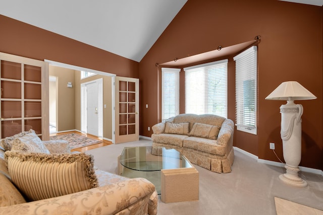 482 Torrington Dr W, Canton, MI 48188 - carpeted living room with baseboards and high vaulted ceiling