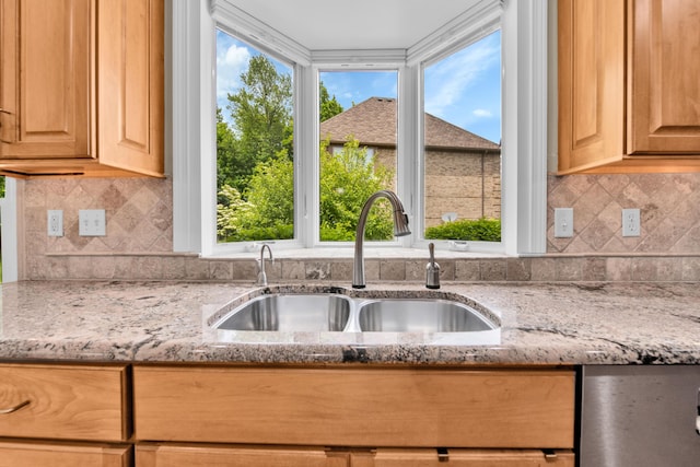 482 Torrington Dr W, Canton, MI 48188 - kitchen featuring a sink, healthy amount of natural light, light stone countertops, and tasteful backsplash