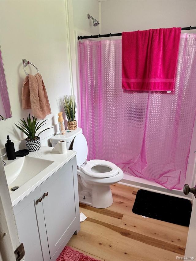 2243 Noble Ave, Flint, MI 48532 - bathroom featuring vanity, wood finished floors, toilet, and curtained shower
