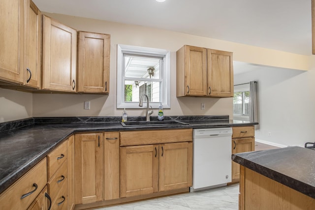2013 Cumberland St, Kalamazoo, MI 49006 - kitchen featuring dishwasher, a sink, light marble finish flooring, and dark countertops