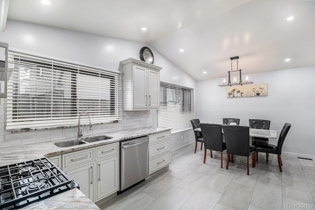 3365 Gloucester Dr, Sterling Heights, MI 48310 - kitchen with stainless steel dishwasher, a sink, tasteful backsplash, lofted ceiling, and pendant lighting