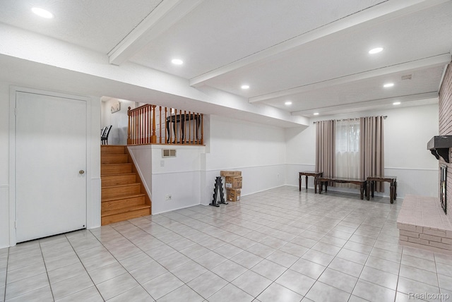 3365 Gloucester Dr, Sterling Heights, MI 48310 - below grade area featuring light tile patterned floors, recessed lighting, and stairway