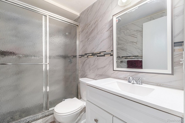 3365 Gloucester Dr, Sterling Heights, MI 48310 - full bath featuring tile walls, vanity, toilet, a shower stall, and backsplash