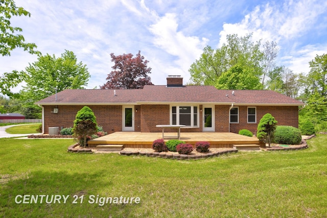 4769 S Fordney Rd, Hemlock, MI 48626 - ranch-style house with brick siding, a chimney, a deck, and a front lawn