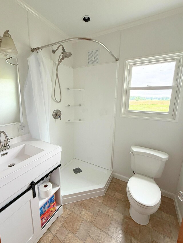 11250 Bristol Rd, Lennon, MI 48449 - bathroom featuring ornamental molding, a shower with shower curtain, vanity, toilet, and stone tile flooring