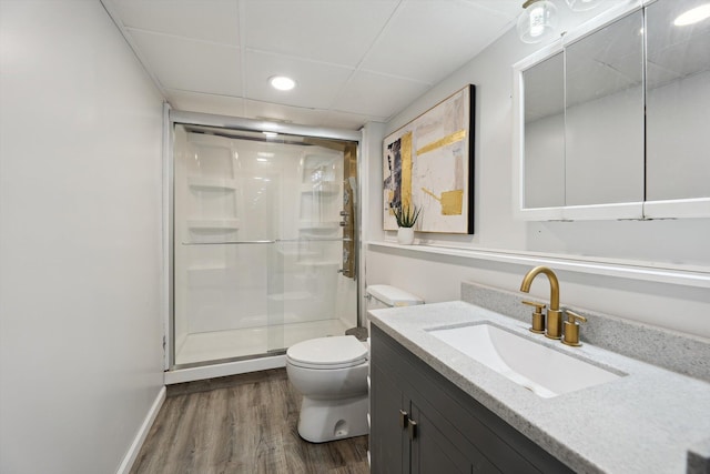 2419 Faye Dr, Ann Arbor, MI 48103 - full bathroom with a stall shower, wood finished floors, vanity, toilet, and recessed lighting