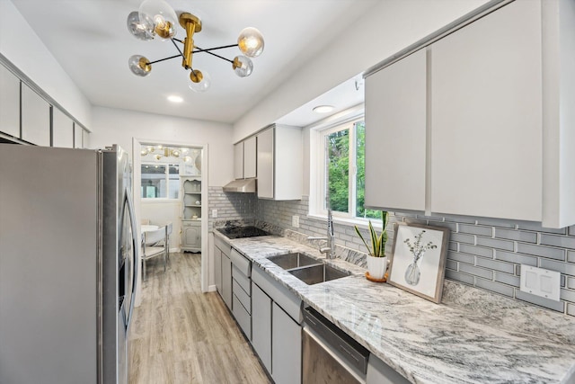 2419 Faye Dr, Ann Arbor, MI 48103 - kitchen with appliances with stainless steel finishes, a sink, a chandelier, light wood-type flooring, and decorative backsplash