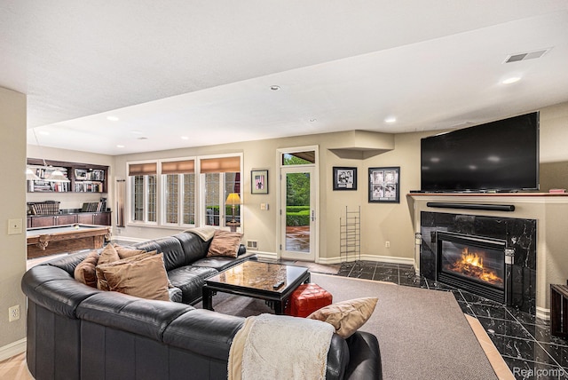 699 Majestic, Rochester Hills, MI 48306 - living area featuring a premium fireplace, baseboards, pool table, and recessed lighting
