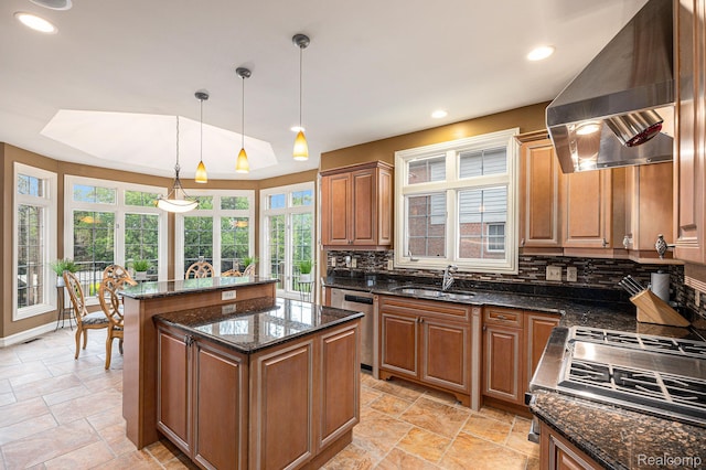 699 Majestic, Rochester Hills, MI 48306 - kitchen featuring wall chimney exhaust hood, a sink, a center island, appliances with stainless steel finishes, and backsplash