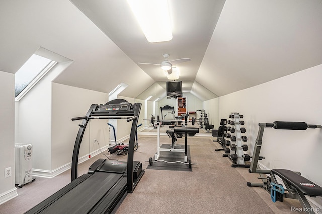 699 Majestic, Rochester Hills, MI 48306 - workout area featuring lofted ceiling, baseboards, a ceiling fan, and carpet floors