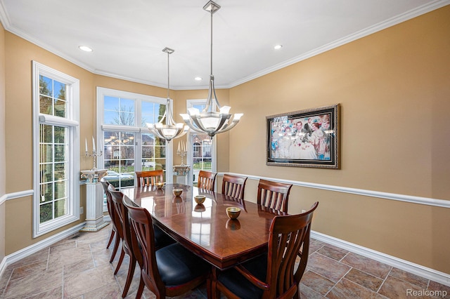 699 Majestic, Rochester Hills, MI 48306 - dining space featuring baseboards, a chandelier, stone tile floors, ornamental molding, and recessed lighting