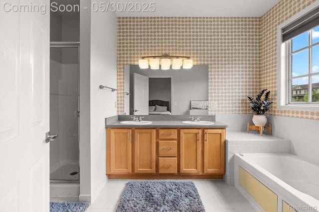 239 Jotham Ave, Auburn Hills, MI 48326 - bathroom featuring tile patterned flooring, a shower stall, a bath, and double vanity