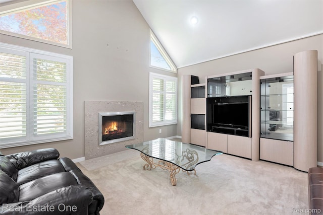 5299 Pond Bluff Dr, West Bloomfield, MI 48323 - carpeted living area featuring high vaulted ceiling, a fireplace, and baseboards