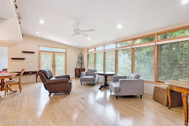 5299 Pond Bluff Dr, West Bloomfield, MI 48323 - living room featuring ceiling fan, light wood-type flooring, lofted ceiling, recessed lighting, and baseboards
