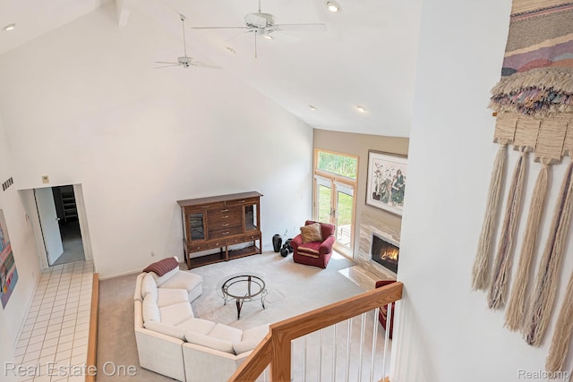 5299 Pond Bluff Dr, West Bloomfield, MI 48323 - carpeted living room featuring high vaulted ceiling, ceiling fan, and a tile fireplace