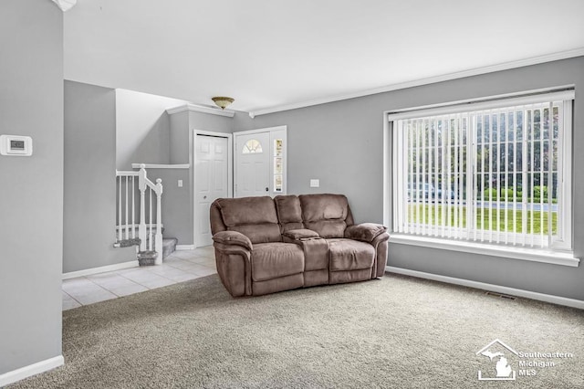 177 W Willis Rd, Saline, MI 48176 - carpeted living room featuring baseboards, crown molding, stairway, and tile patterned floors