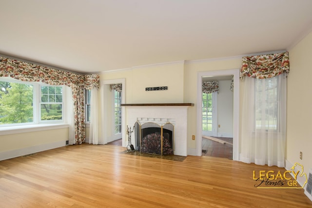 301 Sligh Blvd NE, Grand Rapids, MI 49505 - unfurnished living room featuring healthy amount of natural light, light wood-style flooring, a fireplace, ornamental molding, and baseboards
