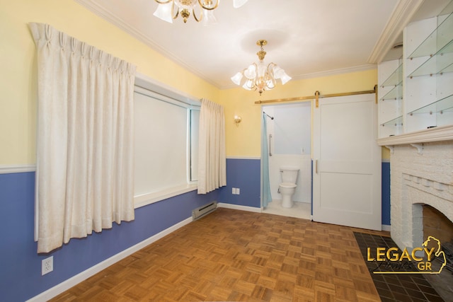 301 Sligh Blvd NE, Grand Rapids, MI 49505 - unfurnished living room with a chandelier, a barn door, a baseboard radiator, ornamental molding, and baseboards