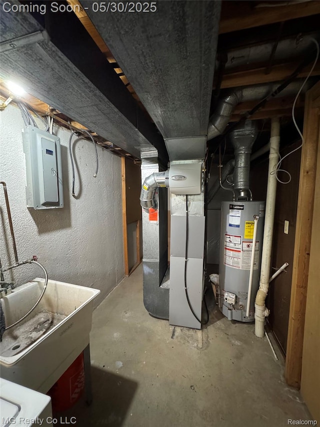 271 Inlet Ct, Novi, MI 48390 - unfinished basement with water heater, electric panel, heating unit, and a sink