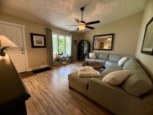 307 W 30th St, Holland, MI 49423 - living area featuring a textured ceiling, light wood-type flooring, a ceiling fan, baseboards, and lofted ceiling