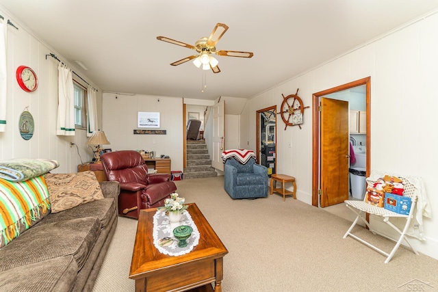 2615 Yosemite St, Saginaw, MI 48603 - carpeted living area with stairs and a ceiling fan