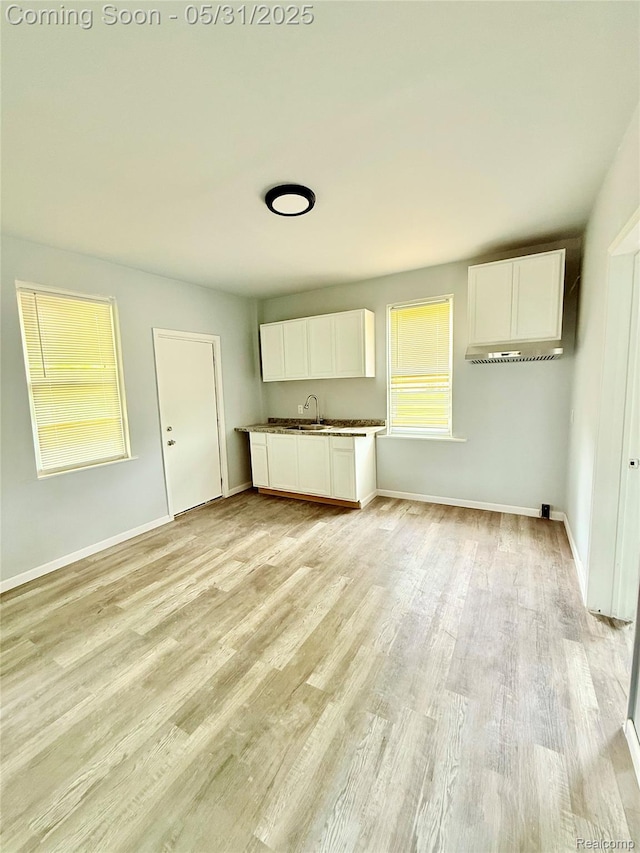 3648 Mack Ave, Hamtramck, MI 48207 - kitchen with a sink, white cabinets, light wood-type flooring, and baseboards