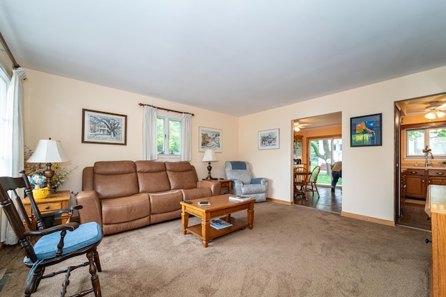 3624 Terhune Rd, Ann Arbor, MI 48104 - carpeted living area featuring healthy amount of natural light, ceiling fan, baseboards, and a sink