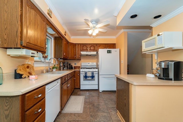3624 Terhune Rd, Ann Arbor, MI 48104 - kitchen featuring white appliances, under cabinet range hood, a sink, a ceiling fan, and brown cabinetry