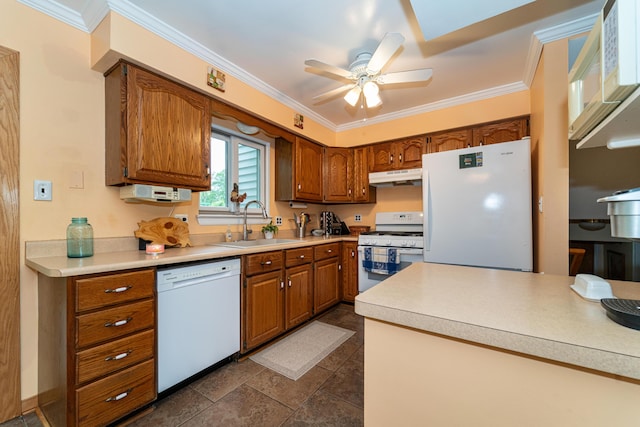 3624 Terhune Rd, Ann Arbor, MI 48104 - kitchen with white appliances, under cabinet range hood, a sink, ornamental molding, and brown cabinetry