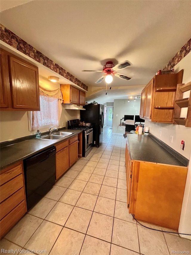 25850 Eureka Dr, Warren, MI 48091 - kitchen with black appliances, dark countertops, a sink, ceiling fan, and open shelves