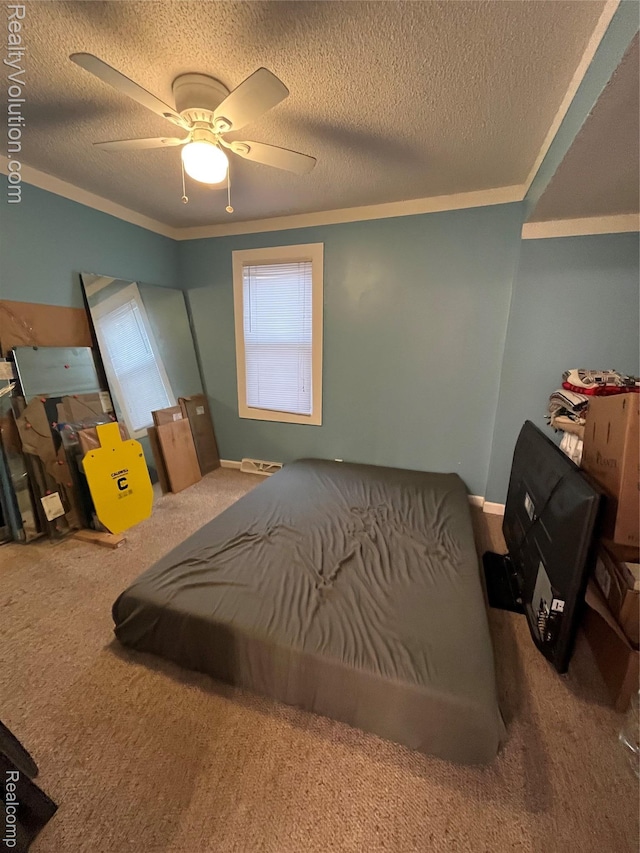 25850 Eureka Dr, Warren, MI 48091 - carpeted bedroom featuring a textured ceiling, ornamental molding, and ceiling fan