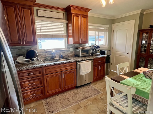 28447 Patricia Ave, Warren, MI 48092 - kitchen featuring dishwasher, tasteful backsplash, a sink, plenty of natural light, and ornamental molding