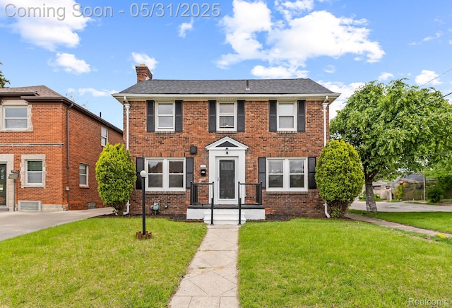 18402 Greenlawn St, Detroit, MI 48221 - view of front of property featuring a chimney, a front lawn, brick siding, central AC, and roof with shingles