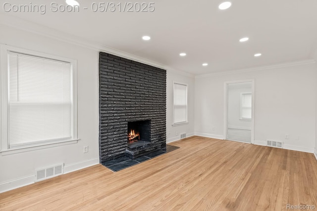 18402 Greenlawn St, Detroit, MI 48221 - unfurnished living room with ornamental molding, a fireplace, wood finished floors, recessed lighting, and baseboards