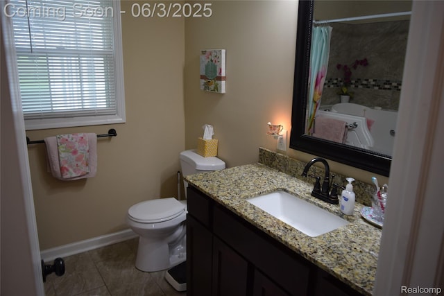 7448 Miller Rd, Swartz Creek, MI 48473 - full bath featuring toilet, vanity, baseboards, and shower / bathtub combination with curtain