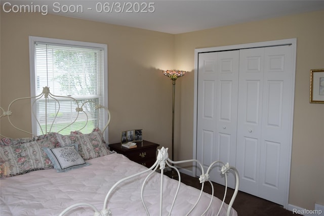 7448 Miller Rd, Swartz Creek, MI 48473 - bedroom featuring a closet, dark colored carpet, and baseboards