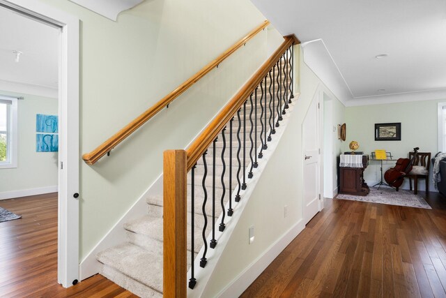 2928 Heeney Rd, Stockbridge, MI 49285 - staircase with wood finished floors, baseboards, and crown molding