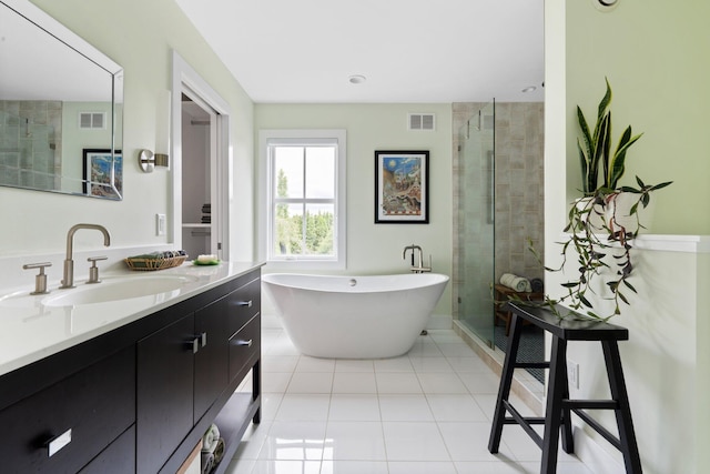 2928 Heeney Rd, Stockbridge, MI 49285 - bathroom with a soaking tub, vanity, tile patterned flooring, and a shower stall
