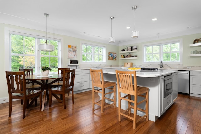 2928 Heeney Rd, Stockbridge, MI 49285 - kitchen featuring open shelves, a kitchen island, stainless steel appliances, healthy amount of natural light, and recessed lighting