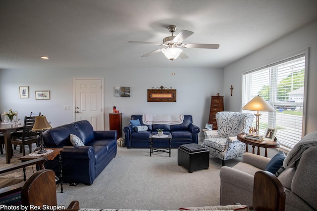 701 Knollcrest Ln, Fremont, MI 49412 - living room with carpet floors, a ceiling fan, and recessed lighting