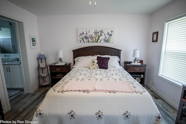 701 Knollcrest Ln, Fremont, MI 49412 - bedroom featuring dark wood-style floors, multiple windows, a sink, and baseboards
