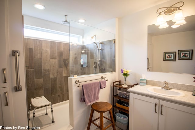 701 Knollcrest Ln, Fremont, MI 49412 - full bath featuring vanity, a walk in shower, and a chandelier