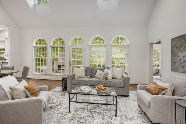 3113 Miller Rd, Ann Arbor, MI 48103 - living area with healthy amount of natural light, wood finished floors, a skylight, and high vaulted ceiling