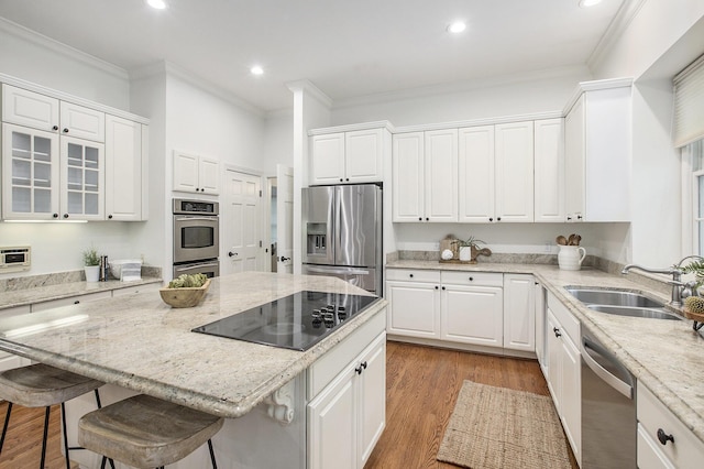 3113 Miller Rd, Ann Arbor, MI 48103 - kitchen with stainless steel appliances, a sink, ornamental molding, white cabinetry, and recessed lighting