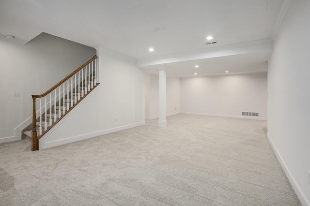 3113 Miller Rd, Ann Arbor, MI 48103 - finished below grade area featuring crown molding, stairway, recessed lighting, carpet flooring, and baseboards
