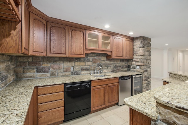3113 Miller Rd, Ann Arbor, MI 48103 - kitchen with black dishwasher, wine cooler, a sink, backsplash, and light stone counters
