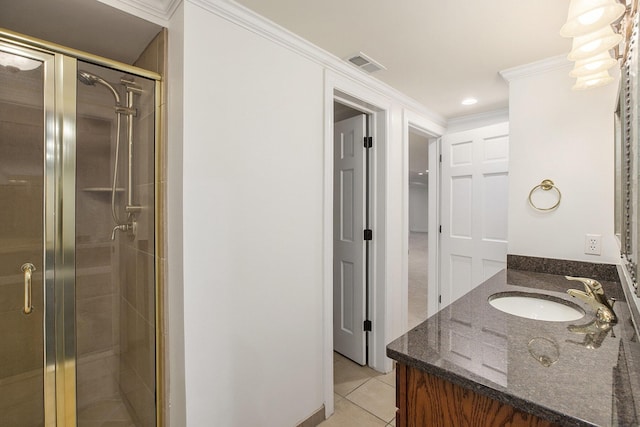 3113 Miller Rd, Ann Arbor, MI 48103 - full bath featuring vanity, a shower stall, tile patterned floors, ornamental molding, and recessed lighting