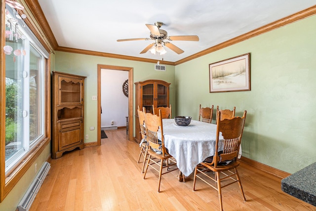 2639 Dutch Acres, Allegan, MI 49010 - dining space with baseboard heating, light wood-type flooring, a ceiling fan, baseboards, and crown molding